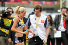 Eilish McColgan picked up an injury during the 3000 metres Steeplechase being seen to by a doctor, 2011 Aviva London Grand Prix